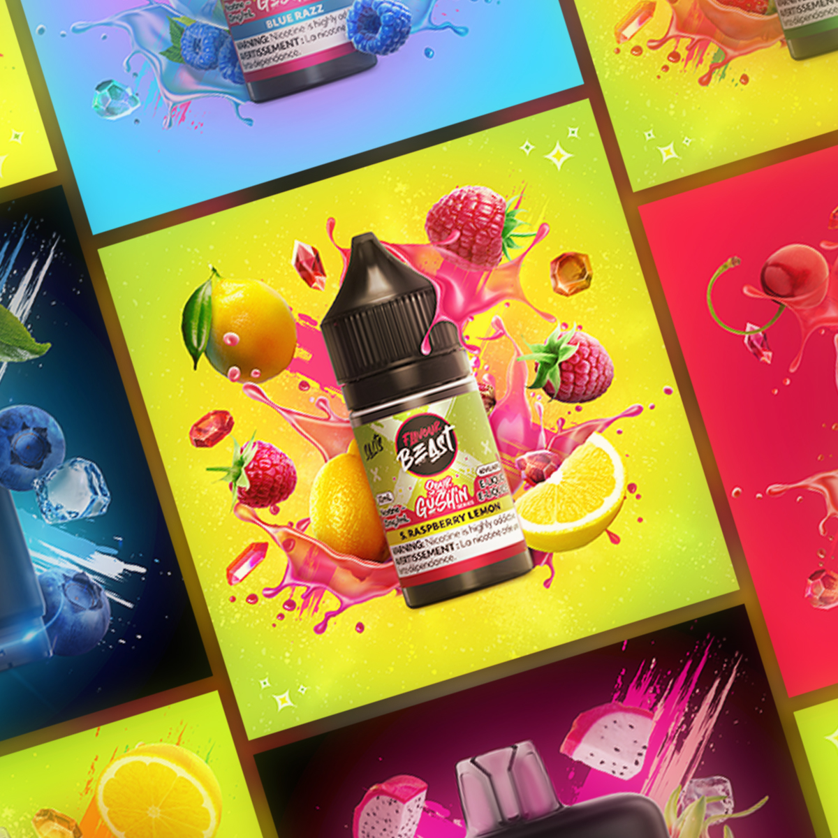 Commercial product render of a Flavour Beast Raspberry Lemon bottle with fruit and splash effects